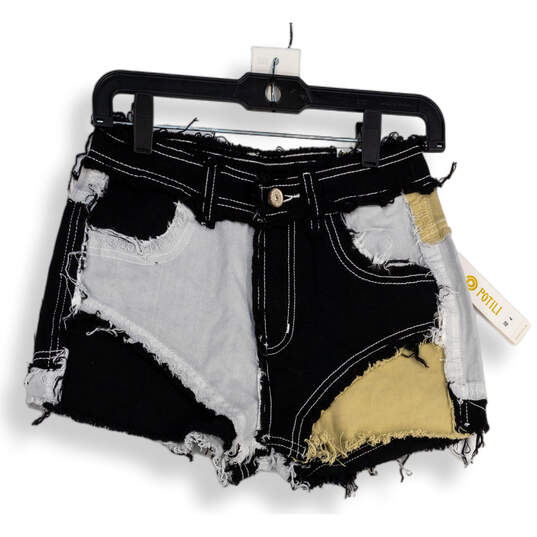 NWT Womens Black White Denim Patchwork Raw Hem Cut-Off Shorts Size 4 image number 1