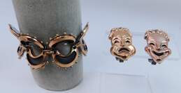 Renoir Mid Century Modern Copper Bracelet & Drama Mask Clip Earrings 51.8g