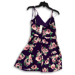NWT Womens Purple Floral V-Neck Spaghetti Strap Mini A-line Dress Size M alternative image