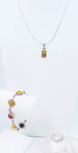 Artisan Sterling Silver Amber Pendant Necklace & Bracelet w/ Plain Band Ring 23.3g