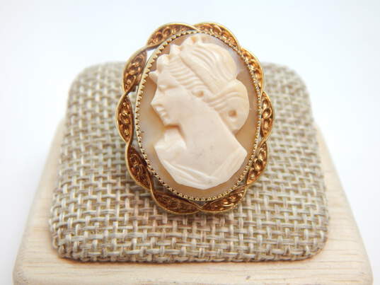 Vintage Gold Filled Carved Shell Cameo & Heart Brooches 8.5g image number 2