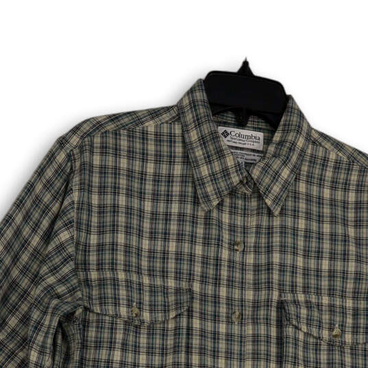Mens Green Beige Plaid Long Sleeve Collared Button-Up Shirt Size Medium image number 3