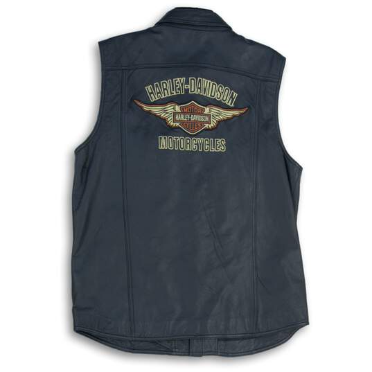 Harley Davidson Mens Black Leather Collared Flap Pocket Sleeveless Vest Size L image number 2