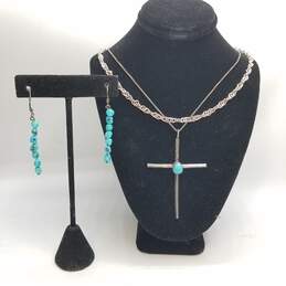 925 Sterling Turquoise Cross 18" Pendant/Earrings/17" Necklace BD. 3pcs. 18.8g