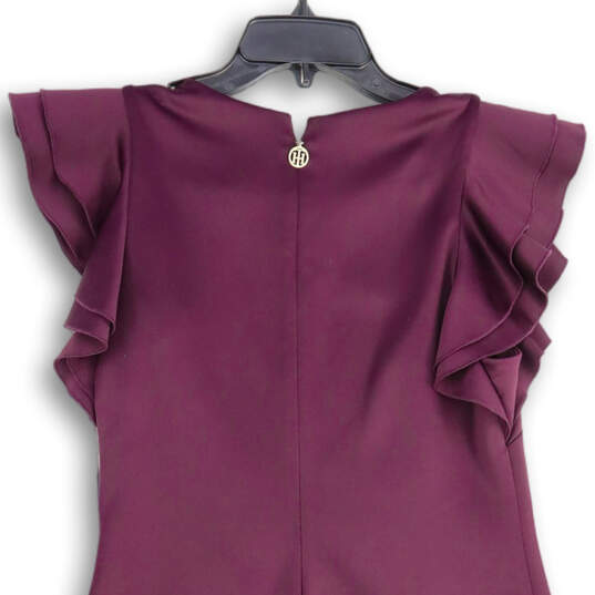 Womens Purple Crew Neck Ruffle Sleeve Back Zip Sheath Dress Size 8 image number 4