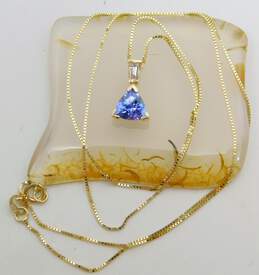 14K Yellow Gold Trillion Cut Tanzanite 0.07 CT Diamond Baguette Necklace 2.1g