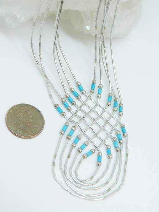 Artisan Silvertone Southwestern Style Faux Turquoise Beaded Liquid Silver Woven Pendant Multi Strand Necklace 14g image number 5