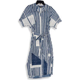 Womens Blue White Striped Short Sleeve Tie Waist Maxi Dress Size Large