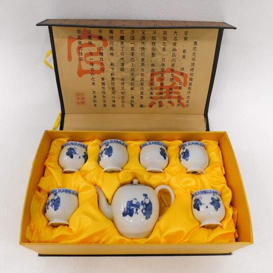 Chinese Blue White Porcelain 7 Piece Tea Pot Set image number 1