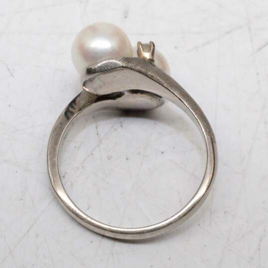 10K White Gold White Sapphire Accent Pearl Ring Size 7 - 4.3g image number 4
