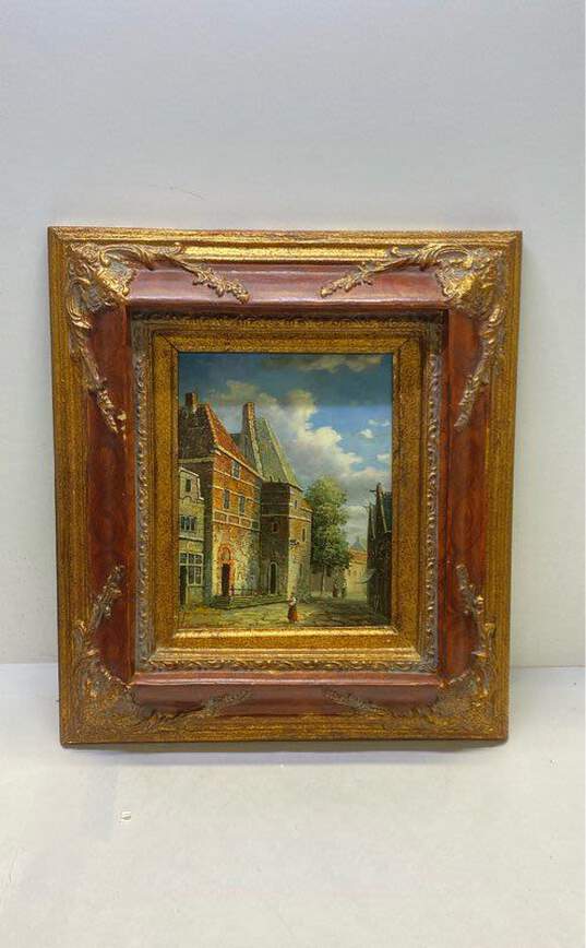 Original Cobblestone Village Scene Oil on Board by Lawson Signed. Framed image number 1