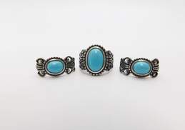 Avon 925 Southwestern Faux Turquoise Cabochon Dotted & Scrolled Curved Drop Post Earrings & Ring Set 11.8g