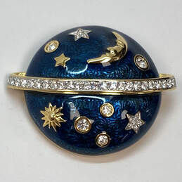 Designer Swarovski Gold-Tone Saturn Blue Rhinestone Brooch Pin