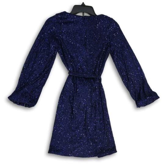 NWT Womens Navy Blue Sequins Long Sleeve Tie Waist Fit & Flare Dress Size 14 image number 2