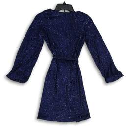 NWT Womens Navy Blue Sequins Long Sleeve Tie Waist Fit & Flare Dress Size 14 alternative image