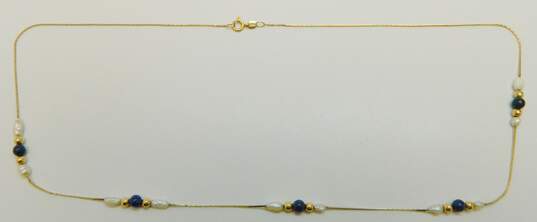 14K Yellow Gold Lapis & Rice Pearl Station Necklace 2.2g image number 2