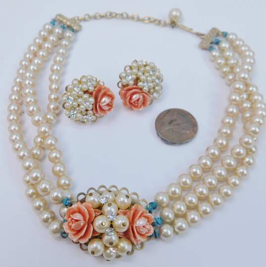 Vintage Floral Rhinestone & Faux Pearl Gold Tone Multi Strand Necklace & Screw Back Earrings 60.8g image number 6