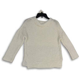 Womens White Open Knit Crew Neck Long Sleeve Pullover Sweater Size Medium