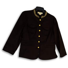 NWT Womens Brown Gold Accents Long Sleeve Button Front Jacket Size 12