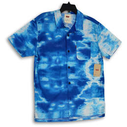 NWT Mens Blue Tie Dye Spread Collar Short Sleeve Button-Up Shirt Size M