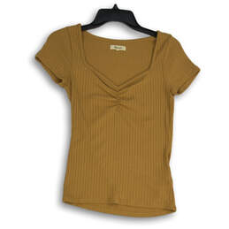 Womens Tan Ribbed Sweetheart Neck Short Sleeve Pullover T-Shirt Size XS