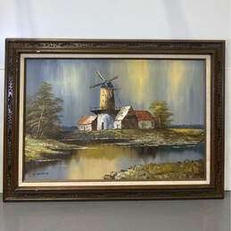 Impressionist Windmill Landscape Oil on canvas by Jiacomo Signed Matted & Framed
