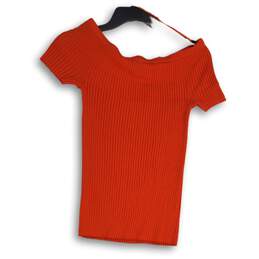 Ann Taylor Womens Red Ribbed Off Shoulder Short Sleeve Pullover Blouse Top Sz M