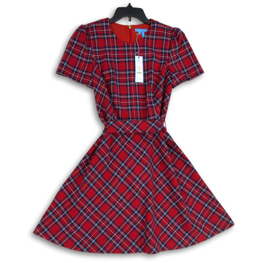 NWT Womens Red Blue Plaid Crew Neck Back Zip A-Line Dress Size 8 image number 1