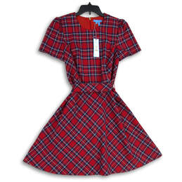 NWT Womens Red Blue Plaid Crew Neck Back Zip A-Line Dress Size 8