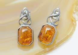 Artisan 925 Amber Celtic Knot Drop Post Earrings & Art Nouveau Flower Cabochon Oval Brooch 20.4g alternative image