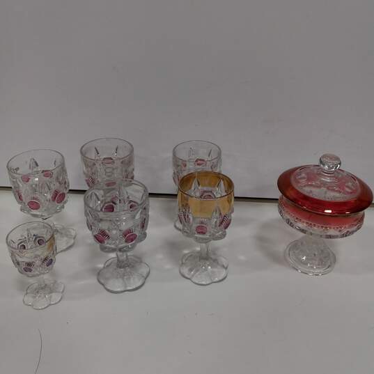 Tiffen Ruby Stained Kings Crown Cups and Candy Dish image number 1