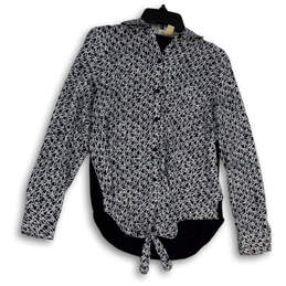 Womens Black White Geometric Long Sleeve Front Knot Button-Up Shirt Size XS