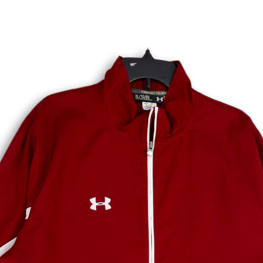 Mens Red White Mock Neck Long Sleeve Full-Zip Windbreaker Jacket Size XL image number 3