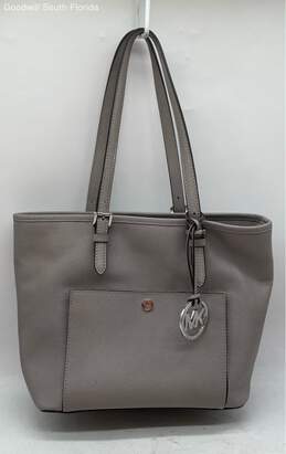 Michael Kors Womens Gray Leather Bag Charm Double Handles Tote Handbag