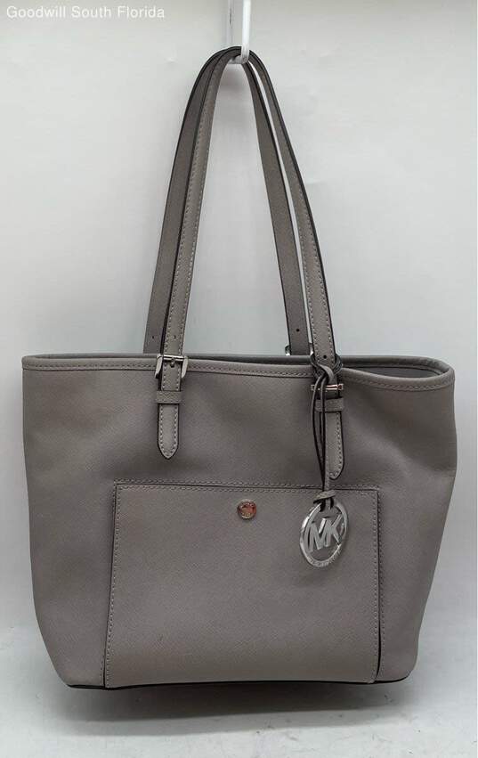 Michael Kors Womens Gray Leather Bag Charm Double Handles Tote Handbag image number 1