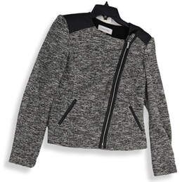 Womens Black White Pocket Faux Leather Asymmetric Zip Biker Jacket size 6