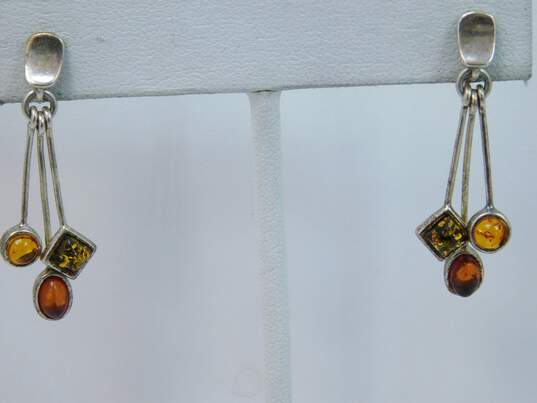 Artisan 925 Modernist Speckled Agate Oval Pendant Necklace & Amber Teardrop Flower & Cabochons Tassel Drop Earrings 12.8g image number 4