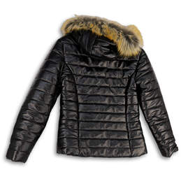 Womens Black Faux Fur Trim Hooded Long Sleeve Full-Zip Puffer Jacket Size L alternative image