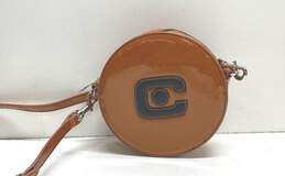 Carel Patent Leather Circle Logo Handbag Cognac