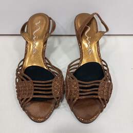 Womens Brown Leather Open Toe Slip On Slingback Kitten Heel Sandals Size 9M