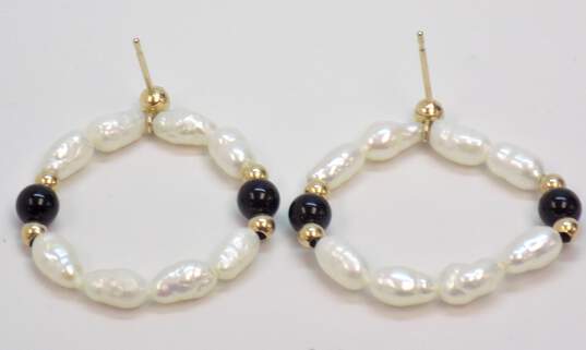 14K Yellow Gold Faux Pearl & Onyx Earrings 2.5g image number 5