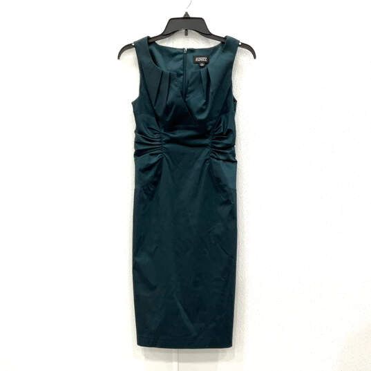 Womens Green Sleeveless Split Neck Back Zip Pleated Sheath Dress Size 4 image number 1