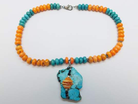Artisan 925 Turquoise Wire Wrapped Slab Pendant & Orange Dyed Howlite Beaded Statement Necklace 88g image number 3