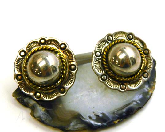 Taxco Mexico 925 & Brass Accented Dome Rope & Stamped Circle Post Earrings 11.4g image number 1