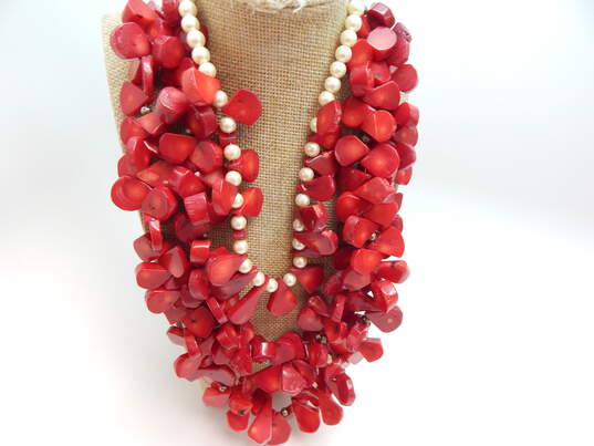 Artisan Silvertone & Goldtone Dyed Red Coral & White Faux Pearls Beaded & Multi Strand Necklaces Variety 321.8g image number 1