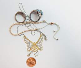 Dyadema & Romantic 925 Vermeil Butterfly Chain Pendant Necklace Ball Beaded Bracelet & Blue Glass & CZ & 12K Accented Leaves Rings 22.4g alternative image