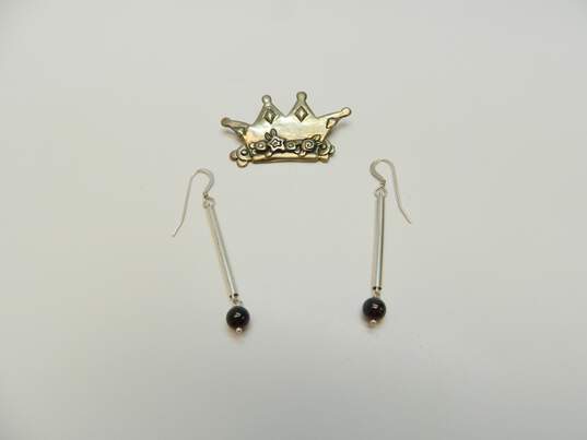 ME Mary Engelbreit & Artisan 925 Kitschy Flowers & Gems Crown Brooch & Garnet Ball Bead Bar Drop Earrings 10.8g image number 1