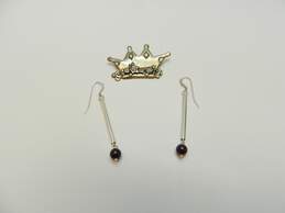 ME Mary Engelbreit & Artisan 925 Kitschy Flowers & Gems Crown Brooch & Garnet Ball Bead Bar Drop Earrings 10.8g