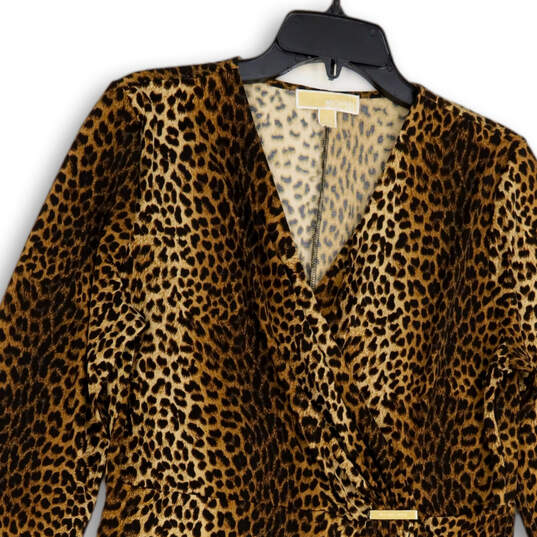 Womens Brown Black Leopard Print V-Neck Long Sleeve Wrap Dress Size Large image number 3