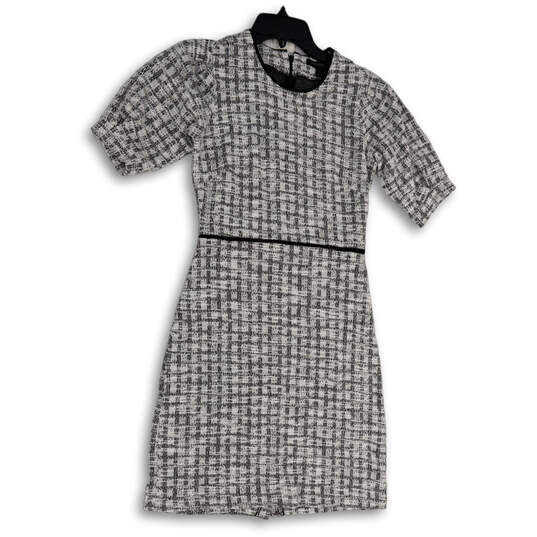 Womens Gray White Tweed Short Sleeve Round Neck Back Zip Sheath Dress Sz 0 image number 1